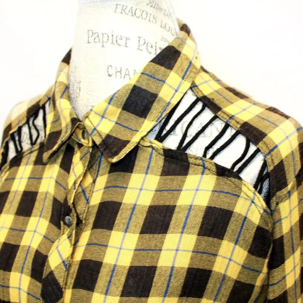 Free People Grunge Yellow Black Plaid Cutout Tunic Shirt Medium Modern